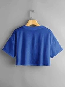 SHEIN Unity Camiseta corta de hombros caídos con estampado de letra - Azul - Ver 2