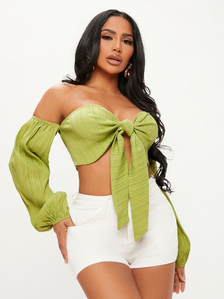 SHEIN SXY Off Shoulder Knot Front Lantern Sleeve Crop Top | SHEIN