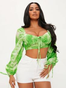 SHEIN SXY Tie Dye Knot Front Sweetheart Neck Lantern Sleeve Schiffy Blouse - Multicolor - View 1