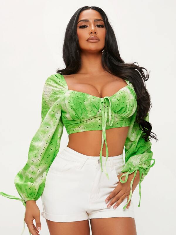 SHEIN SXY Blouse tie dye à nœud à encolure de cœur manches bouffantes à détails ajourés