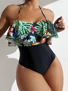 Swim Lushoire Summer Beach Tropical Print Ruffle Hem One Piece Swimsuit - Black - View 1