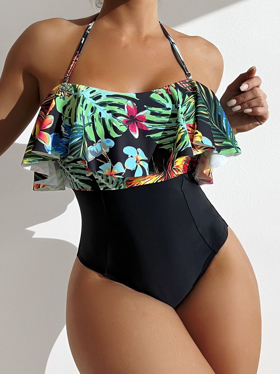 Swim Lushoire Summer Beach Tropical Print Ruffle Hem One Piece Swimsuit - Black - View 1
