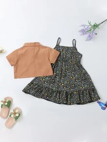 Toddler Girls Knot Hem Button Up Blouse & Floral Print Ruffle Hem Cami Dress - Multicolor - View 2