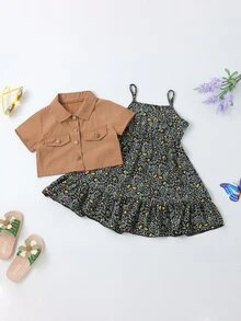 Toddler Girls Knot Hem Button Up Blouse & Floral Print Ruffle Hem Cami Dress - Multicolor - View 3
