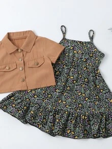 Toddler Girls Knot Hem Button Up Blouse & Floral Print Ruffle Hem Cami Dress - Multicolor - View 5