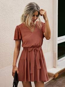 SHEIN LUNE Vestido con cinturón de manga mariposa bajo con fruncido - Naranja Quemada - Ver 3