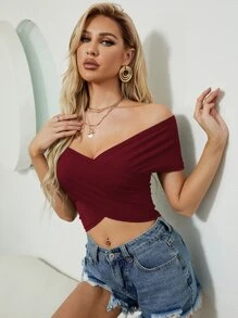 Off Shoulder Wrap Cross Crop Top - Burgundy - View 1