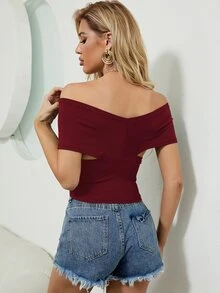 Off Shoulder Wrap Cross Crop Top - Burgundy - View 2