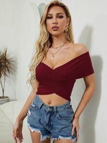Off Shoulder Wrap Cross Crop Top - Burgundy - View 5