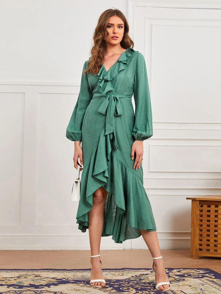 Mulvari Ruffle Trim Lantern Sleeve Wrap Hem Belted Dress - Green - View 1
