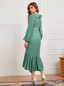 Mulvari Ruffle Trim Lantern Sleeve Wrap Hem Belted Dress - Green - View 2