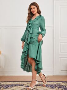 Mulvari Ruffle Trim Lantern Sleeve Wrap Hem Belted Dress - Green - View 3