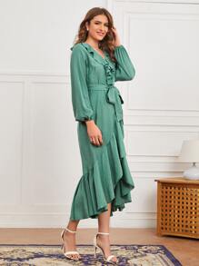 Mulvari Ruffle Trim Lantern Sleeve Wrap Hem Belted Dress - Green - View 4