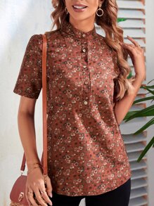 Áo sơ mi nữ Nút phía trước Hoa Tất cả trên in Boho - màu nâu - Xem 1