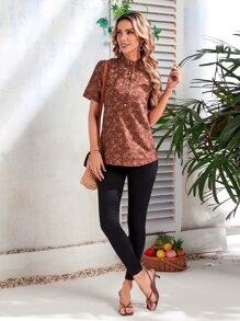 Áo sơ mi nữ Nút phía trước Hoa Tất cả trên in Boho - màu nâu - Xem 4