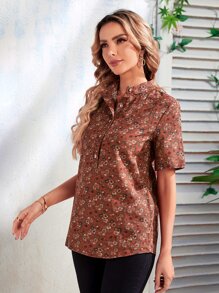 Áo sơ mi nữ Nút phía trước Hoa Tất cả trên in Boho - màu nâu - Xem 5