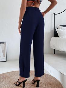 SHEIN Privé 褶皺斜口袋長褲 - 藏蓝色 - 查看 2