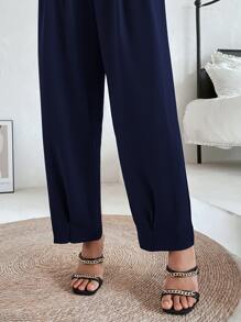 SHEIN Privé 褶皺斜口袋長褲 - 藏蓝色 - 查看 4