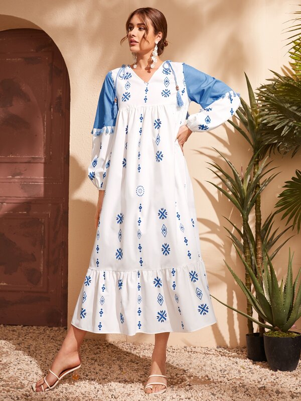 Seusyu Geo Print Tassel Tie Shoulder Lantern Sleeve Ruffle Hem Dress