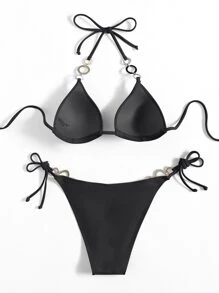 SHEIN Swim Summer Beach Rhinestone Ring Linked Bikini Set Halter Push Up Bra & Thong Bottom 2 Piece Bathing Suit - Black - View 2