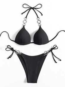 SHEIN Swim Summer Beach Rhinestone Ring Linked Bikini Set Halter Push Up Bra & Thong Bottom 2 Piece Bathing Suit - Black - View 4