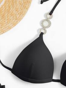 SHEIN Swim Summer Beach Rhinestone Ring Linked Bikini Set Halter Push Up Bra & Thong Bottom 2 Piece Bathing Suit - Black - View 5