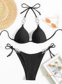 SHEIN Swim Summer Beach Rhinestone Ring Linked Bikini Set Halter Push Up Bra & Thong Bottom 2 Piece Bathing Suit - Black - View 6