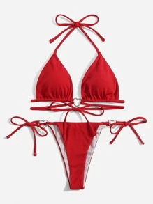 Heart Ring Tie Side Bikini,Summer Beach - Red - View 2