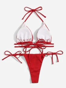 Heart Ring Tie Side Bikini,Summer Beach - Red - View 3