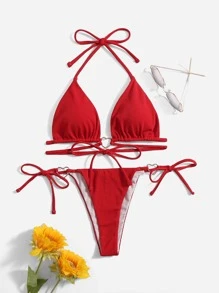 Heart Ring Tie Side Bikini,Summer Beach - Red - View 5