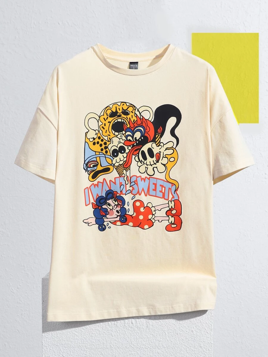 Zhihan Wang Áo thun nữ Hoạt hình Slogan Giải trí - Màu be - Xem 1