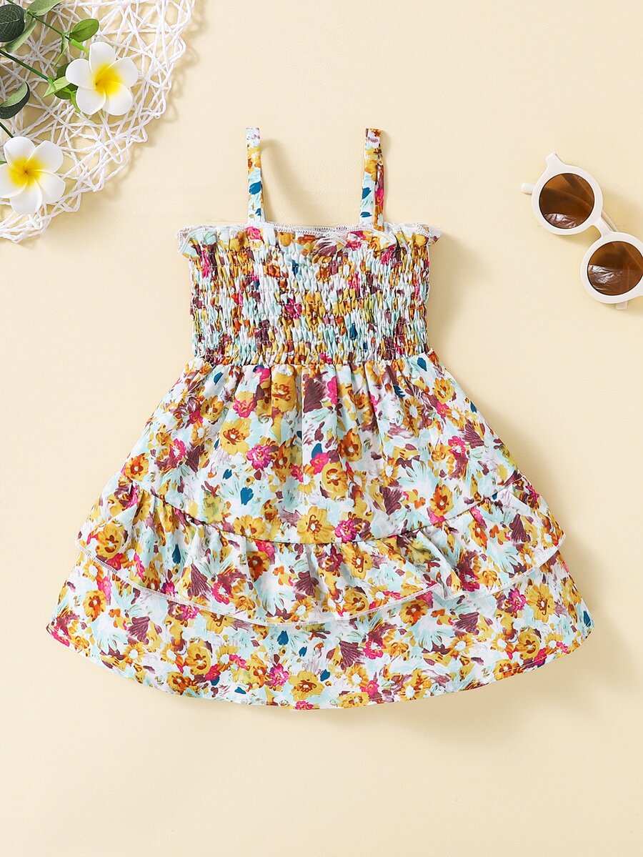 Đầm em bé viền lá sen Xù phân lớp Dải chun Hoa Tất cả trên in Boho - Nhiều màu - Xem 1