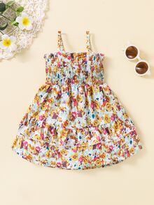 Đầm em bé viền lá sen Xù phân lớp Dải chun Hoa Tất cả trên in Boho - Nhiều màu - Xem 2