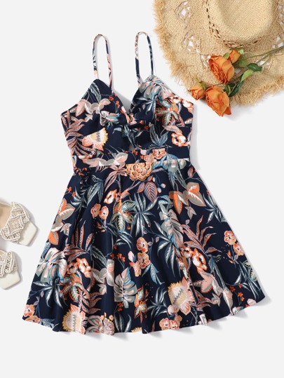 Plus Tropical Print Twist Front Cami Dress