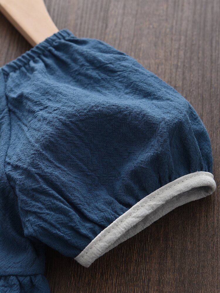 Nó na frente Simples Fofo Vestido Infantil para Menina - Azul Marinho - Visão 4