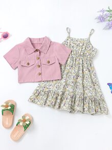 Toddler Girls Knot Hem Button Up Blouse & Floral Print Ruffle Hem Cami Dress - Multicolor - View 1