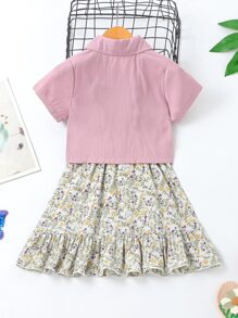 Toddler Girls Knot Hem Button Up Blouse & Floral Print Ruffle Hem Cami Dress - Multicolor - View 2