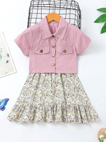 Toddler Girls Knot Hem Button Up Blouse & Floral Print Ruffle Hem Cami Dress - Multicolor - View 3