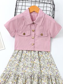 Toddler Girls Knot Hem Button Up Blouse & Floral Print Ruffle Hem Cami Dress - Multicolor - View 5