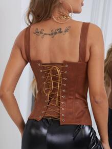 Lace Up Zipper Front Shapewear Top & Thong - Coffee Brown - View 2