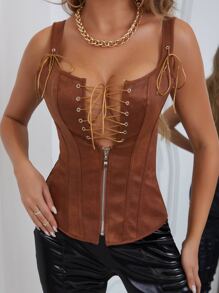 Lace Up Zipper Front Shapewear Top & Thong - Coffee Brown - View 5