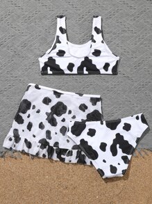 Tween Girl 奶牛印花比基尼套装和沙滩裙 夏日海滩