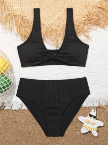 Tween Girl Plain Knot Bikini Set Summer Beach