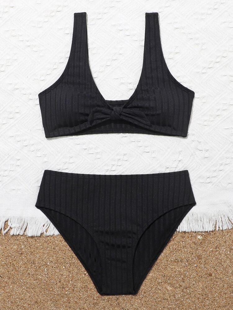 Conjunto de bikini liso con nudo para niña preadolescente, playa de verano - Negro - Añade 3