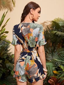SHEIN VCAY Mono con estampado tropical escote cruzado de puño con volante bajo con fruncido con cinturón - Multicolor - Ver 2