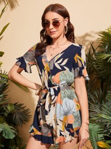 SHEIN VCAY Mono con estampado tropical escote cruzado de puño con volante bajo con fruncido con cinturón - Multicolor - Ver 4