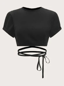十字交叉下擺打結緞面短款上衣 - 黑色 - 查看 1