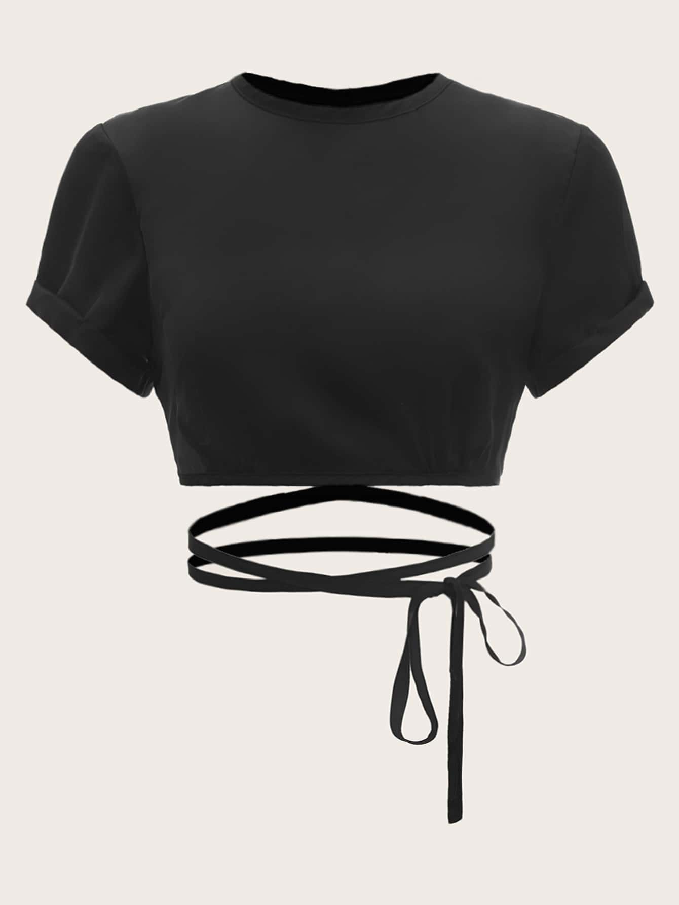 十字交叉下擺打結緞面短款上衣 - 黑色 - 查看 1