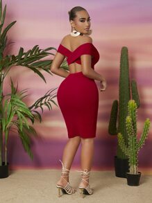 SHEIN SXY Off Shoulder Split Hem Bodycon Dress - Red - View 2