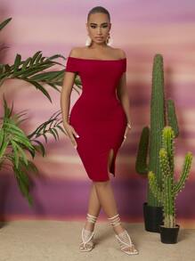 SHEIN SXY Off Shoulder Split Hem Bodycon Dress - Red - View 3